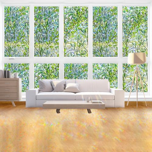 Privacy Window Film, Stained Glass Window Stickers, Rainbow Green Leaves Glass Door Film, Non-Adhesive, Static Window Sticker for Door, Home, Office, Decorative