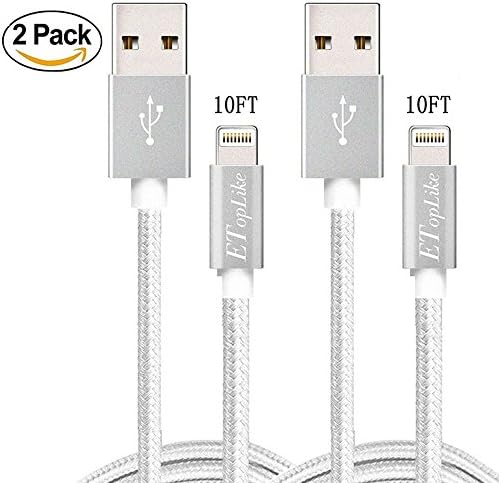 ETopLike 2Pack 10Ft iPhone Lightning to USB Syncing and Charging Cord Data Cable with Aluminum Alloy Connector for iPhone 6/ 6 Plus/ 6s/ 6s Plus /5/5s/5c iPad Mini/ Air (Silver)