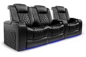 VALENCIA THEATER SEATING Valencia Tuscany Home Theater Seating | Premium Top Grain Italian Nappa 11000 Leather, Power Reclining, Power Lumbar Support, Power Headrest (Row of 3 Loveseat Left, Black)