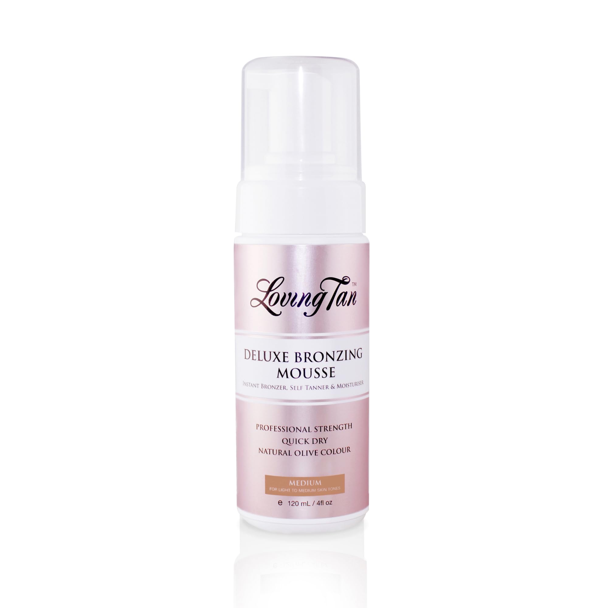 Loving Tan Deluxe Bronzing Mousse, Medium - Streak Free, Natural looking, Professional Strength Sunless Tanner - Up to 5 Self Tan Applications per Bottle, Cruelty Free, Naturally Derived DHA - 120ml