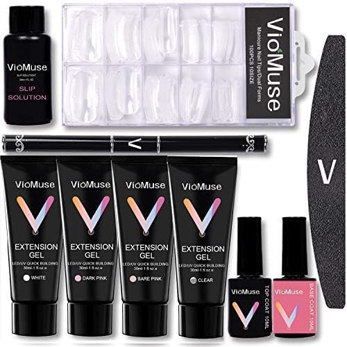 Viomuse Nail Extension Gel Kit Enhancement System 30ml4 Quick Build Gel, All in One Kit, including brush pen, Slip Solution, Dual Forms, Top Coat & Base Coat Gel Polish
