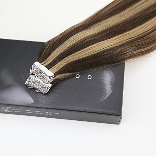 LaaVoo 18 inch Silky Straight Skin Weft Human Hair Extensions Piano Color #4 Dark Brown to Color #18 Ash Blonde PU Remy Human Hair Extension 50Grams Per Package