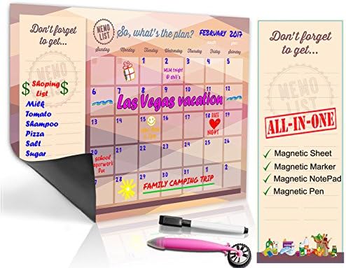Refrigerator Calendar Kit – Includes Magnet Board/ Magnetic NotePad / Magnetic Dry Erase Marker + Eraser Top / Design Magnetic Pen – Easily Write &amp; Wipe (Pink-Purple)