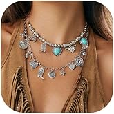 JAVARNV Western Necklaces for Women Cowgirl Outfits Layered Turquoise Necklace Cowgirl Jewelry Boho Jewelry Western Outfit Dress Accessories for Women