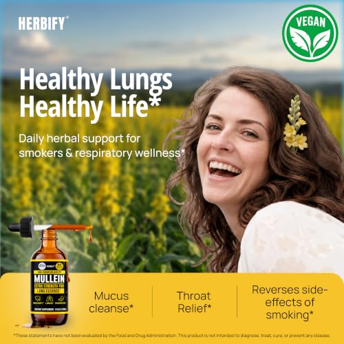 HERBIFY Mullein Drops - Lung Cleanse - Leaf Extract - Powerful Mullein for Immune Support,Detox & Respiratory Support - Made in USA - Lung Cleanse for Smokers - 4 Oz