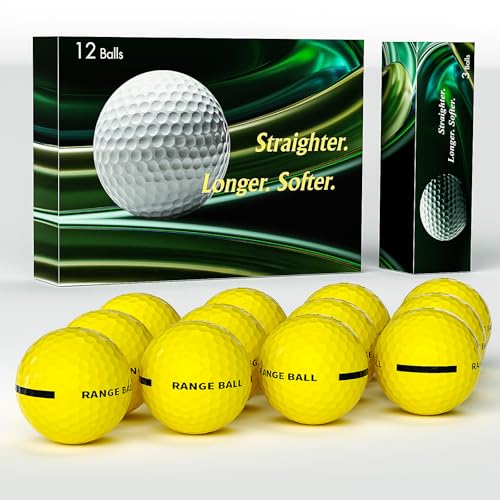Golf Practice Balls 12 Pack with 382 Dimple Design,Compression 82-85°, 45.9g Solid Rubber, Durable & High Bounce, 250-255 Yard Distance,for Indoor/Outdoor Training and Driving Range Practice (Yellow)