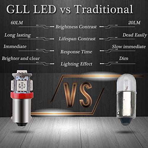 GLL BA9S LED Bulb 5SMD Red 1893 44 47 756 1847 Wedge Pinball Machine Light Car Instrument Panel Gauge Cluster Lamp 6VDC/6.3VDC 20pack