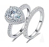 Venetia Top Grade 2 Carats Realistic Super Brilliant NSCD Simulated Diamond Tear Drop Pear Shape Ring Band Set Solid 925 Silver Platinm Halo Pave Gorgeous Fire