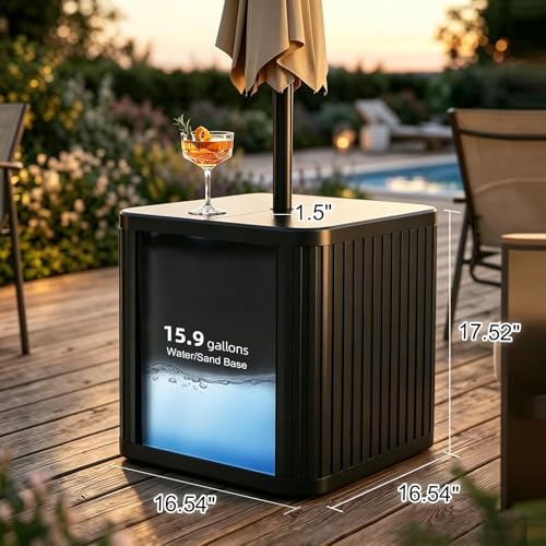CHENG RONG 2-in-1 Umbrella Side Table – 16.54" Outdoor Patio Table with Fillable 15 Gal Water/Sand Base, Fits 1.5" Pole, UV Resistant for Pool, Deck, Garden (Black)