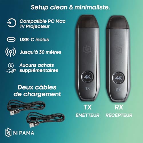 NIPAMA 4K Wireless HDMI – Wireless Transmitter Receiver Plug & Play | HDMI Wireless Transmitter | No WiFi or App | 30M Range | TV PC Mac Projector | USB-C Included | Pouch Included