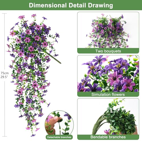 INQCMY Artificial Fake Hanging Flowers Plants for Outdoor Summer Decoration,2 PCS Faux Silk Daisy with Eucalyptus Leaves,UV Resistant Look Real for Outside Home Planter Porch Patio Balcony Yard Decor