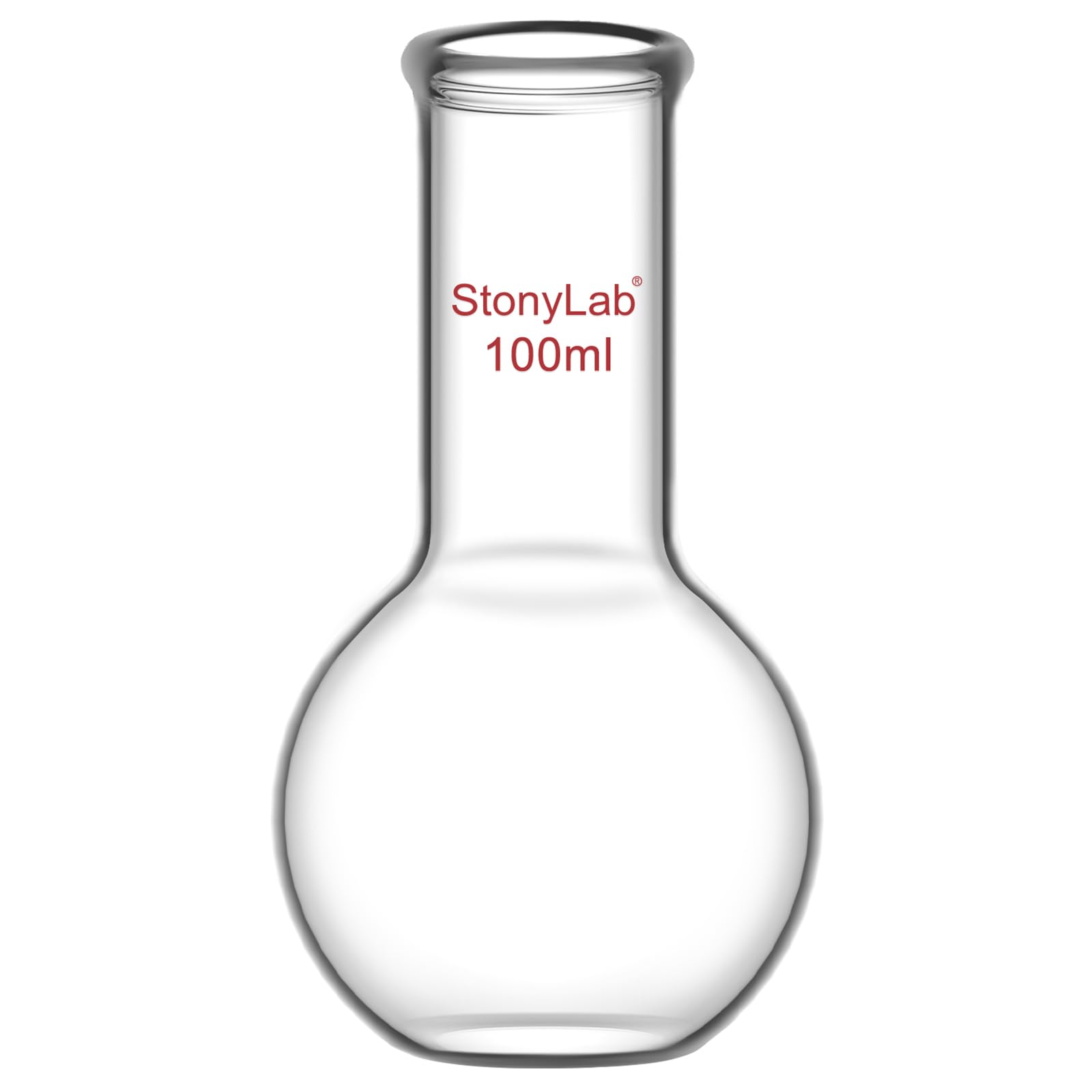 StonyLab Glass 100ml Long Neck Flat Bottom Flask, Borosilicate Glass Heavy Wall Flat Bottom Boiling Flask with Long Neck, 100ml