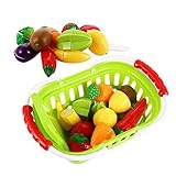 Sakiyr Play Food, 13Pcs Cutting Fruits and Veggies Toy with Basket, Cutting Food Playset for Toddlers