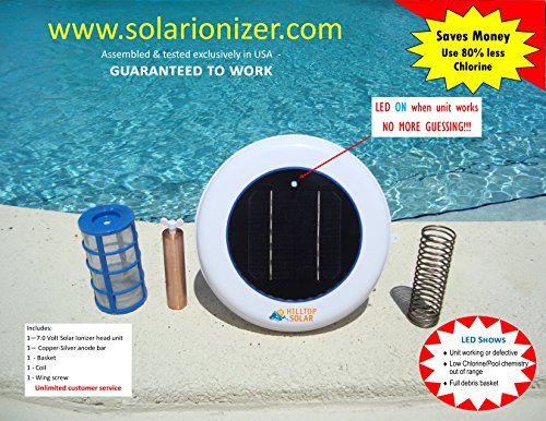 Solar pool Ionizer purifier with LED (ON if unit works) - 7.0 Volts - Low Maintenance - Uses 80% less chlorine & Saves over 900/yr