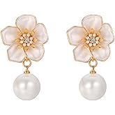 coadipress Bohemian Flower Earrings for Women Vintage Baroque Pearls 14K Gold Plated Camellia Flower Floral Dangle Drop Statement Earrings Wedding Holiday Jewelry