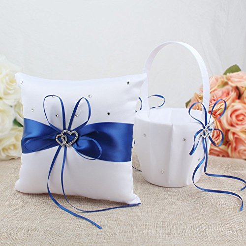 KANECH 5pcs Sets-Blue Satin-Wedding Flower Girl Basket and Ring Bearer Pillow Set (Ring Pillow + Flower Girl Basket + Wedding Guest Book +Pen Set + Garter Cover) - Thumbnail 2