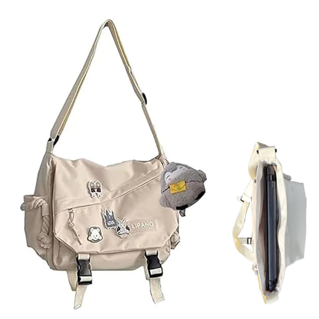 Photo 1 of Aesthetic Crossbody Bag, 15.6 Inch laptop messenger bag for women, Cute Shoulder Bag with Cute Pins and Ornament White