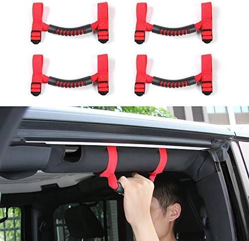 4 PCS Grab Handles Grip Handle Red Holder Roll Bar Grab Handles For Jeep Wrangler JK Unlimited Rubicon 1987-2017 (Red)
