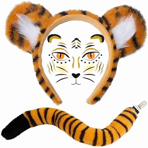TUONYIS Set De Disfraz De Tigre Para Niños – Orejas, Cola, Nariz, Corbata Y Tatuaje Temporal, Ideal Para Carnaval Y Cosplay