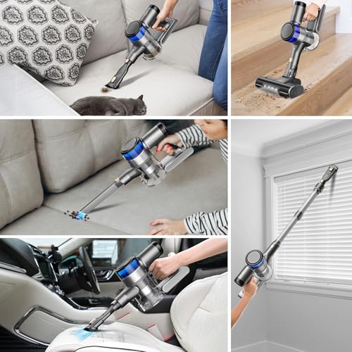 Aspirateur sans Fil, 400W 45KPa Aspirateur Balai sans Fil Puissant, 55Min Autonomie, Brosse Anti-emmêlement, Batterie Amovible, Aspirateur sans Sac avec Écran LED pour Tapis Poils d'animaux Sol Dur
