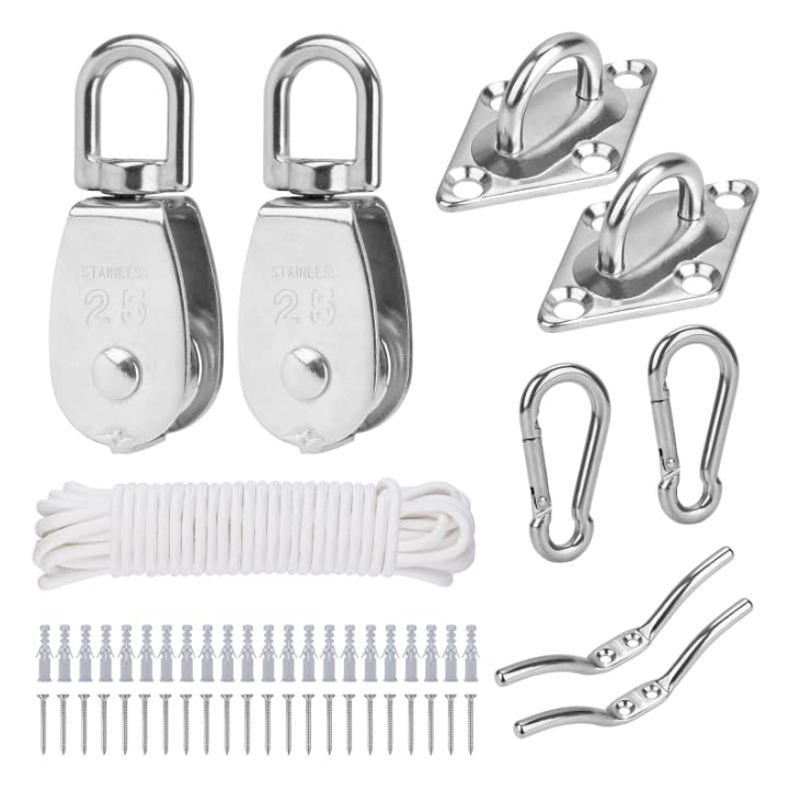 TooTaci Crane Pulley Block Set, M25 Stainless Steel Lifting Pulley Wheel with 6mm/10M Nylon Pulley Rope & Carabiner, Oblong Eye Pad Plate, Cleat Hooks,for Washing Line, Shade Sail