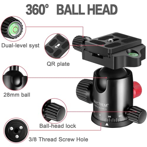 MACTREM 80" Camera Tripod, DSLR Tripod Heavy Duty for Travel, 360 ° Ball Head Professional