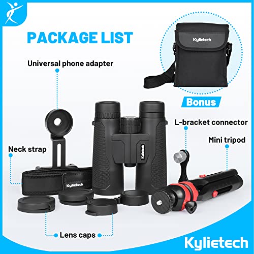 Powerful Adult Binoculars, Kylietech 12x42 Compact Binoculars with Tripod, Waterproof Binoculars with BAK-4 Prisms, FMC Lens, Phone Adapter for Photography, Stargazing