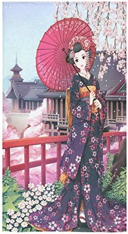 Design Custom Japanese Geisha Girl Art Sale Custom Bath Towels Large Soft and Comfortable Travel Beach Bathroom Shower Washcloth Wrap for Men/Women 80% Polyester 20% Cotton, (30" x 56")