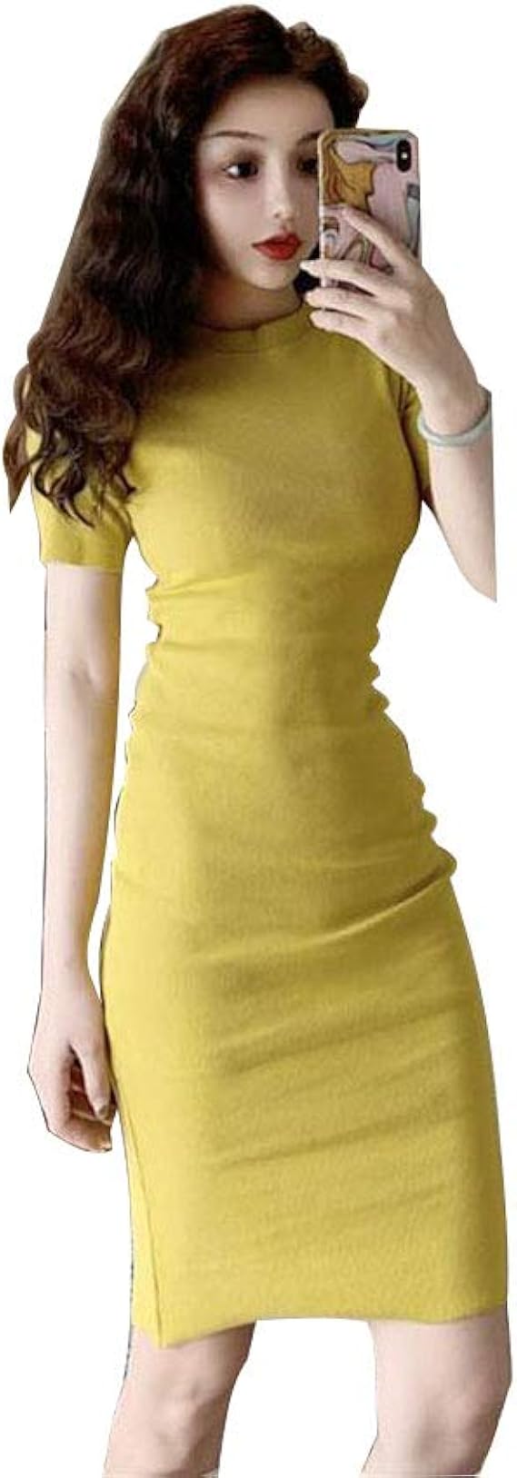 Amazon Co Jp 膝丈ワンピース 半袖 タイトワンピース 春夏 着やせ シルエット ラウンドネック 無地 カラバリ コーデ レディース 服 ファッション小物