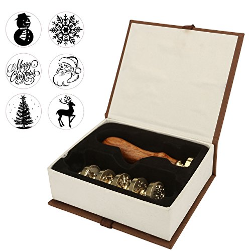 Wax Seal Stamp Set, Mornajina 6 Pcs Christmas Sealing Wax Stamps+1 Wooden Handle with Gift Box for Custom Invitations Letters Envelopes (Christmas #1)