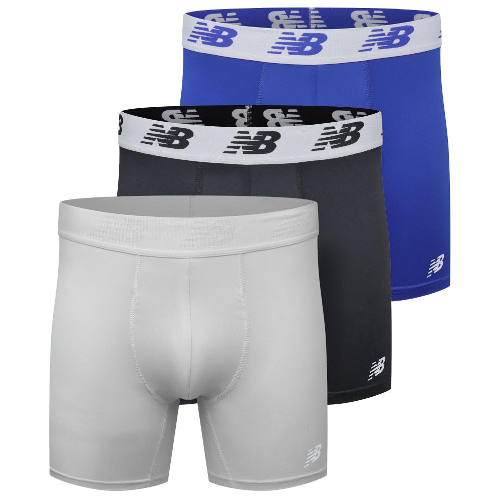 Photo 1 of New Balance Men's No Fly Trunks Boxer Brief Underwear, Jacquard Waistband, Breathable Lightweight, Moisture Wicking (3 Pack), Black/Team Royal/Concrete, Small