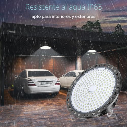 TOPAUBUB 200W UFO LED Interior Ceiling Spotlights, 4 Pieces, LED Ceiling Lamps 20000LM IP65 6500K with Metal Chain 30 cm, Driver, Industrial Spotlight for Garage