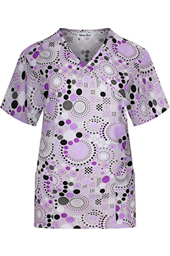 MedPro Women's Printed Short Sleeve Mock Wrap Medical Scrub Top Black Lilac XS - Thumbnail 2