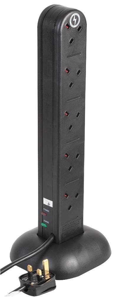 PRO ELEC PELB1698 10 Gang Surge Protected Tower Extension Tower 2m, Black