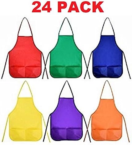 Piper Dreams 24 Pack of Kids Aprons (with two large pockets) by Perfect for Painting, Baking or other DIY Projects - 6 Fun Colors - Children Love Them - Ages 3 to 9