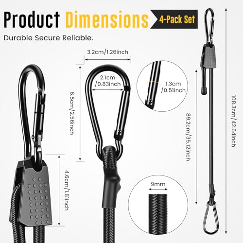 Hejo 4 Pieces Elastic Bungee Cord with Adjustable Hooks, 100 cm High Strength Durable Elastic Sandow with Carabiner, Black Latex Rubber Bungee Cord for Camping, Tarpaulins, Tents, Car and Motorcycle