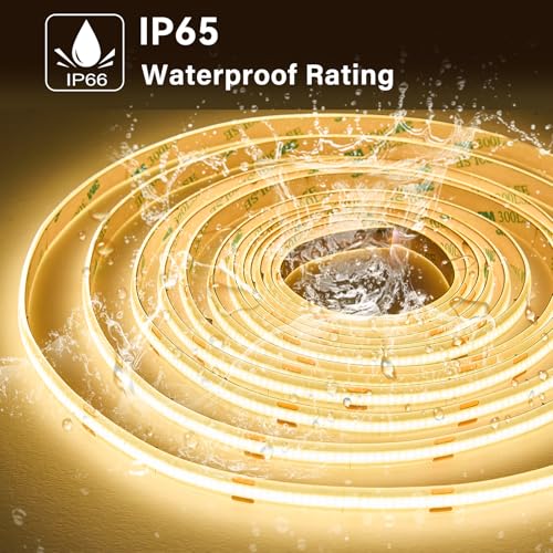 SIRYYUI COB Waterproof LED Strip Light IP65 10M,2700K Warm White,384LEDs/M High Density 24V Dotless Tape Light,CRI90+,Self-Adhesive Strip Lights Perfectly Bathroom,Kitchens Decor (No Power Supply)