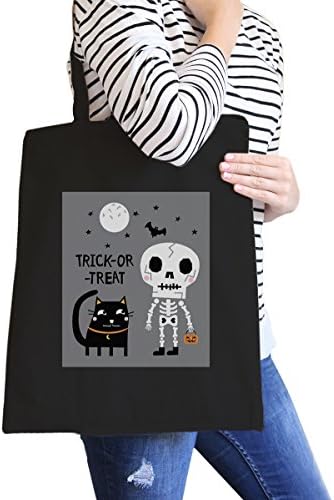 365 Printing Skeleton Black Cat Black Canvas Bag Funny Halloween Canvas Tote