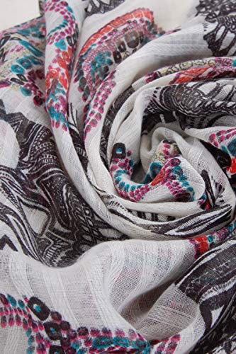 Humble Chic Sugar Skull Scarf - Long Oversized Lightweight Printed Shawl Wrap, Ivory, Off-White - Thumbnail 4