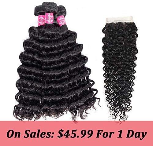 Brazilian Deep Curly Hair with Closure 8A Unprocessed Virgin Human Hair Deep Weave 3 Bundles with Free Part Closure Natural Color(10 12 14+8"closure)