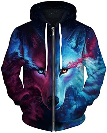 Royalove Men's Winter Cloth 3d Printed Hip Pop Long Sleeve Full-Zip Fleece Sweatshirt Jacket Glaxy Wolf M
