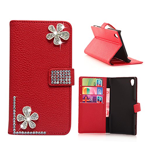 Sony Z3 Case, Harryshell(TM) Sony Xperia Z3 Wallet Case, 3D Bling Handmade Crystal Flowers Pattern Wallet Pu Leather Case Flip Cover with Built-in Card Slots & Stand Function for Sony Xperia Z3 D6653 with Free Stylus Pen (01)
