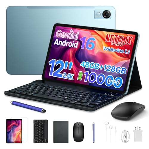 Luzglo P12 Tablet 12 Inch, Tablet Android 16, Gemini AI, 48GB RAM+128GB ROM/2TB TF, IPS 2.4K 120Hz Display, T7280 Octa-core, 10000mAh/18W, 5G WiFi/ 8MP+13MP/ GPS/Face ID/OTG, Tablets with Keyboard