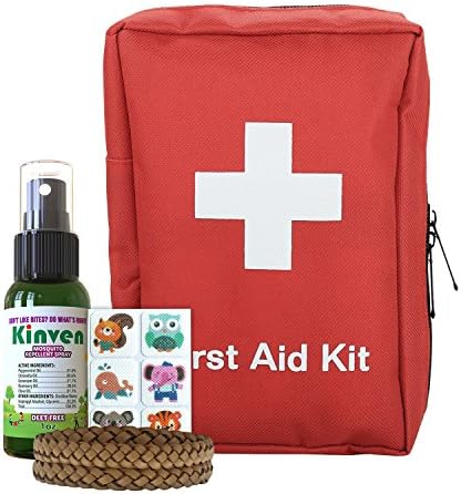 First Aid Kit and Mosquito Repellant Family Bundle - with 72 piece Emergency Kit, Kinven 1oz spray, 4 bracelets, 1 anti-mosquito patch sets, Mosquito Net Not Needed