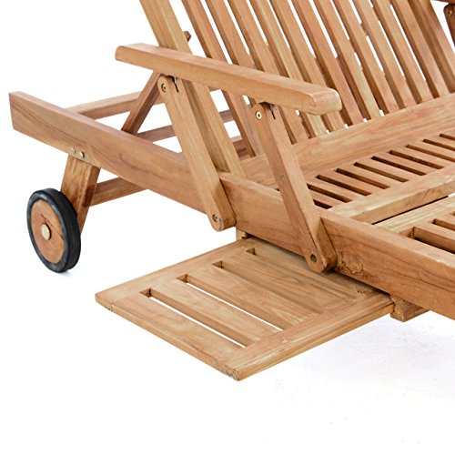 Divero Sonnenliege Holzliege Gartenliege Teak-Holz behandelt mehrfach verstellbar inkl. Räder Tablett + Liegen-Auflage 4-teilig wasserabweisend Creme – Bild 5