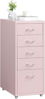 HollyHOME 5 Drawers Mobile Filing Cabinet Metal with Wheels Light Pink