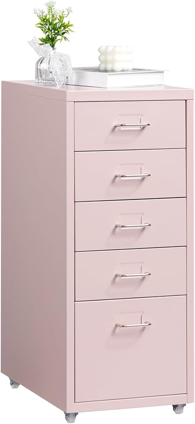 HollyHOME 5 Drawers Mobile Filing Cabinet Metal with Wheels Light Pink
