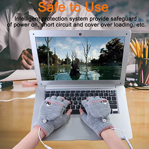 USB Heated Gloves, Mitten Winter Warm Laptop Gloves for Women Men Full & Half Hands Heated Fingerless Heating Knitting Hands Warmer (Women Grey) - Thumbnail 5
