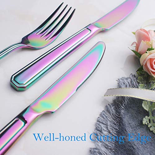 Rainbow Dinner Knife Set 6 Piece Stainless Steel Cutlery Table Knives Heavy Weight Sturdy Thick Forged Handle Silverware Flatware Eating Utensils Colourful 9.2 Inch Dishwasher Safe