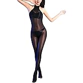 SSQKYZCSYZ Women's Oil Shiny Bodystocking Women Sexy Neck-Hanging Sheer Full Body Stockings Shiny Pantyhose